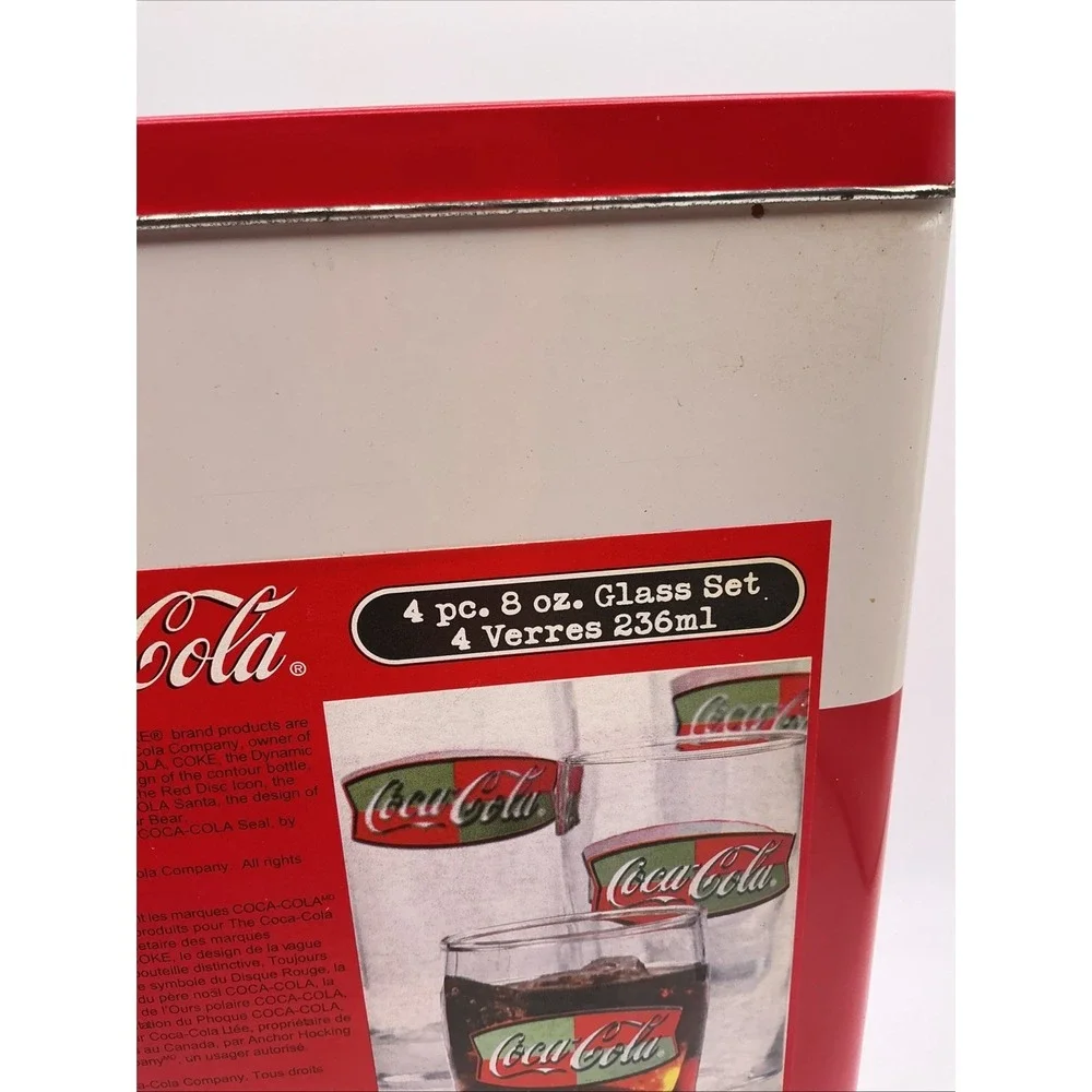 Coca Cola 1999 Coke Vending Machine Tin with 4 pc. 8 oz. Glass Set inside tin
